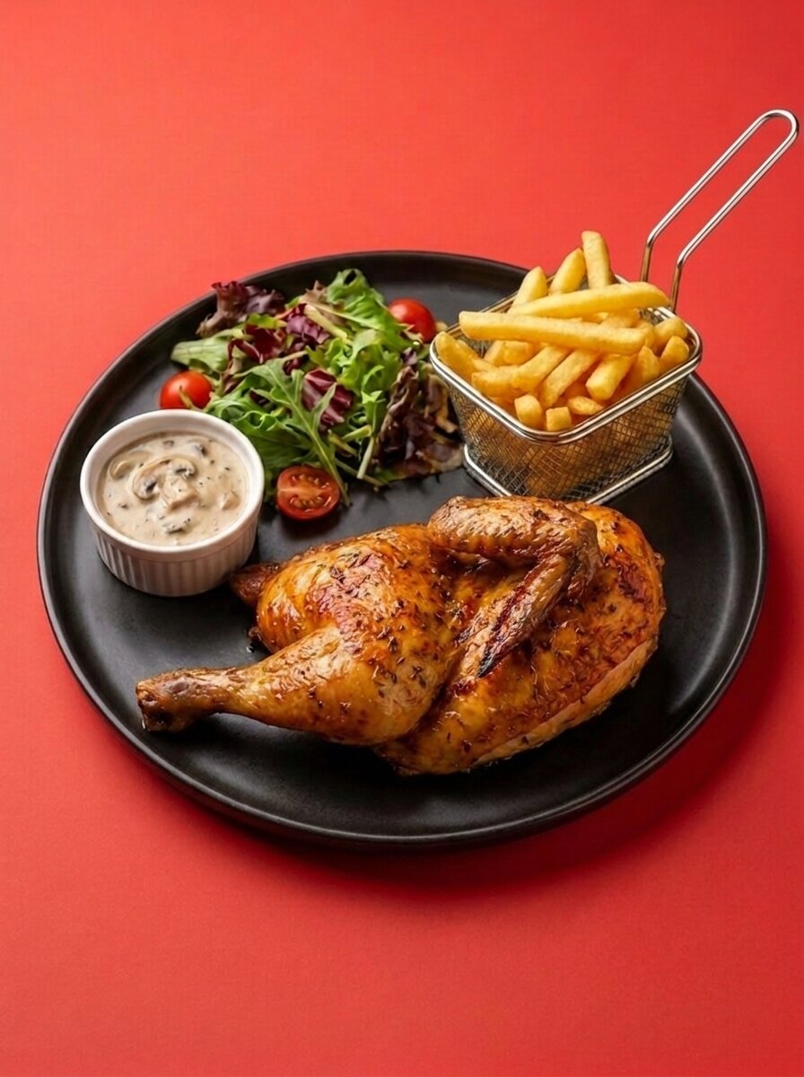 Halve kip met champignonroomsaus, frieten en salade
